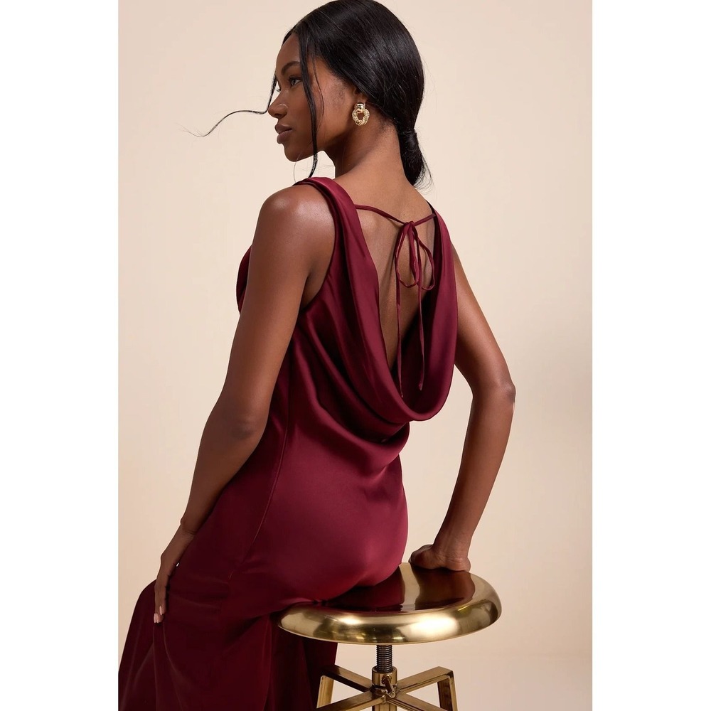 Lulus NWOT Aernah Wine Red Satin Cowl Tie-Back Slip Maxi Dress - XS - Picture 3 of 7